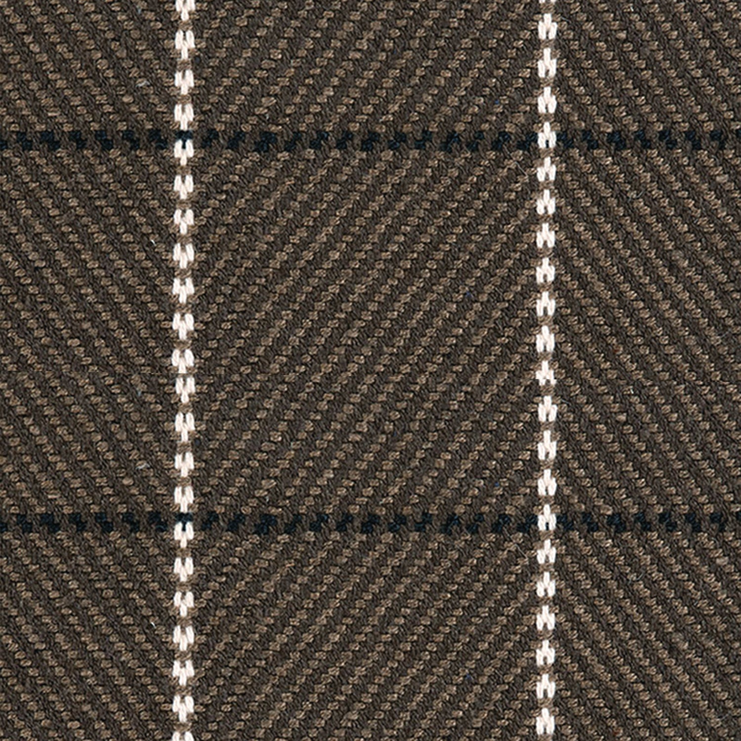 Outdoor broadloom carpet swatch in a plaid weave in shades of white, brown, and charcoal.
