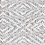 Wool broadloom carpet swatch in a woven geometric diamond print in tan and cream.