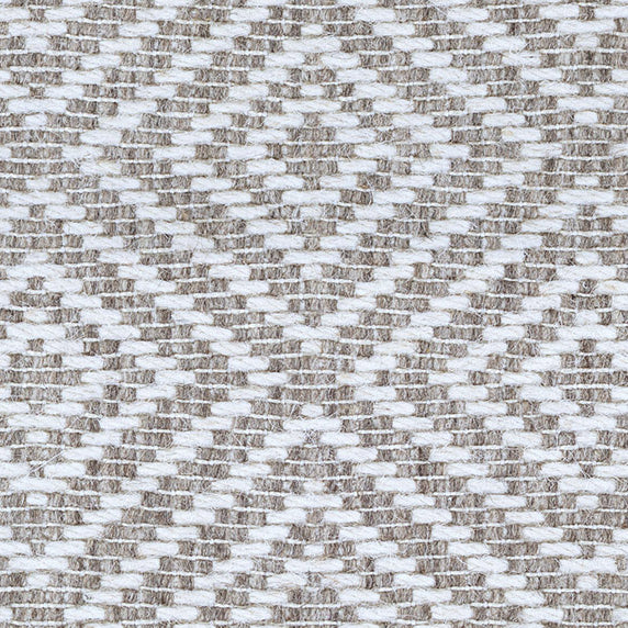 Wool broadloom carpet swatch in a woven geometric diamond print in brown and cream.