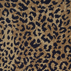 Wool-blend broadloom carpet swatch in a dense leopard print in black on a mottled tan field.
