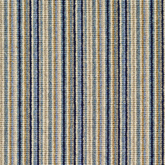 Wool broadloom carpet swatch in a thin stripe pattern in shades of cream, tan, blue and black.