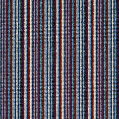 Wool broadloom carpet swatch in a thin stripe pattern in shades of blue, navy, cream and burgundy.