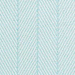 Outdoor broadloom carpet swatch in a striped herringbone weave in aqua and white.