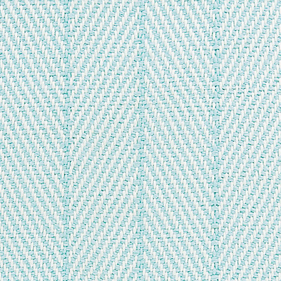Outdoor broadloom carpet swatch in a striped herringbone weave in aqua and white.