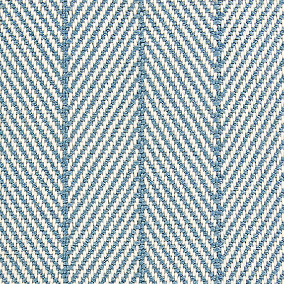 Outdoor broadloom carpet swatch in a striped herringbone weave in blue and white.