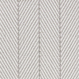 Outdoor broadloom carpet swatch in a striped herringbone weave in gray and white.