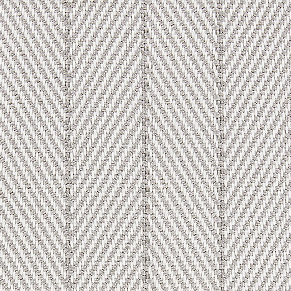 Outdoor broadloom carpet swatch in a striped herringbone weave in gray and white.