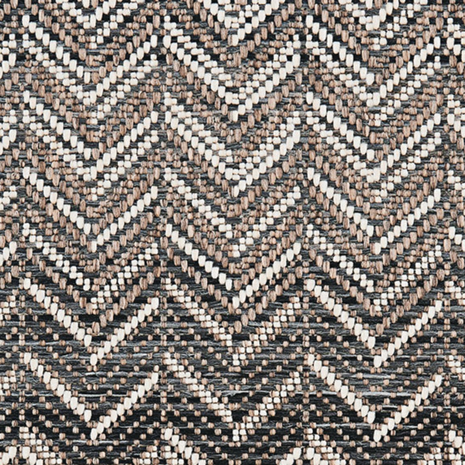 Outdoor broadloom carpet swatch in a striped herringbone weave in gray, tan and white.