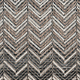 Outdoor broadloom carpet swatch in a striped herringbone weave in gray, tan and white.
