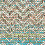 Outdoor broadloom carpet swatch in a striped herringbone weave in light green, turquoise, brown and white.