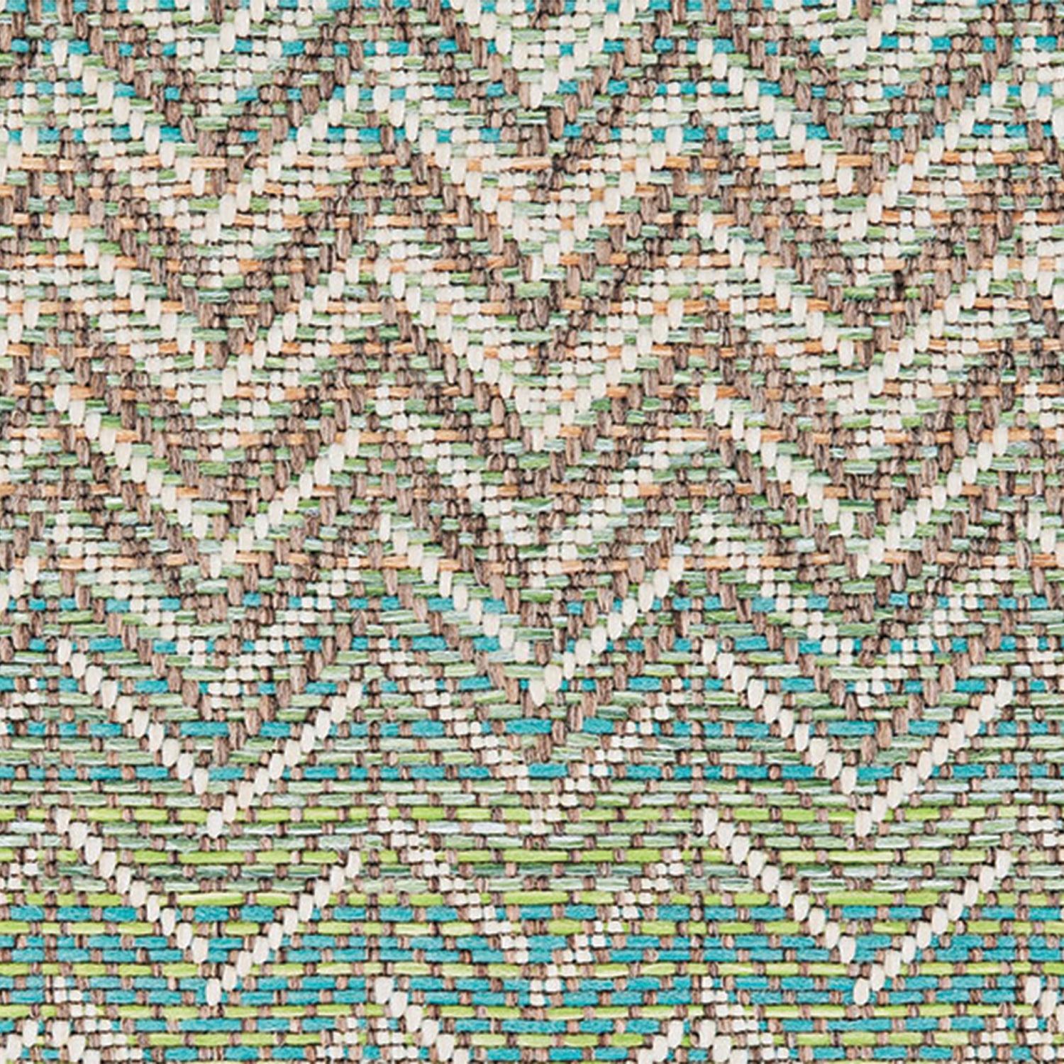 Outdoor broadloom carpet swatch in a striped herringbone weave in light green, turquoise, brown and white.