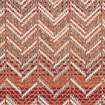 Outdoor broadloom carpet swatch in a striped herringbone weave in red, orange, brown and white. 