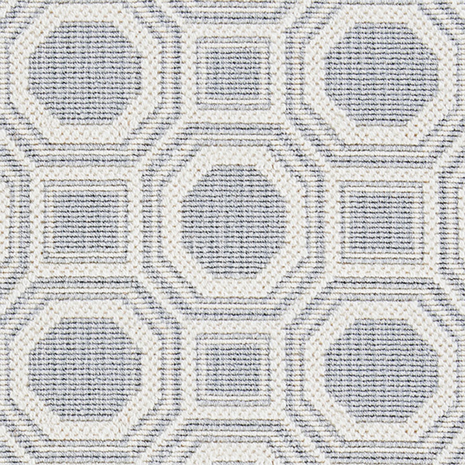 Wool broadloom carpet swatch in a repeating geometric grid weave in light gray-blue and cream.