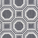 Wool broadloom carpet swatch in a repeating geometric grid weave in white and charcoal.
