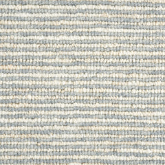Wool broadloom carpet swatch in a striped blue-gray and cream weave pattern.