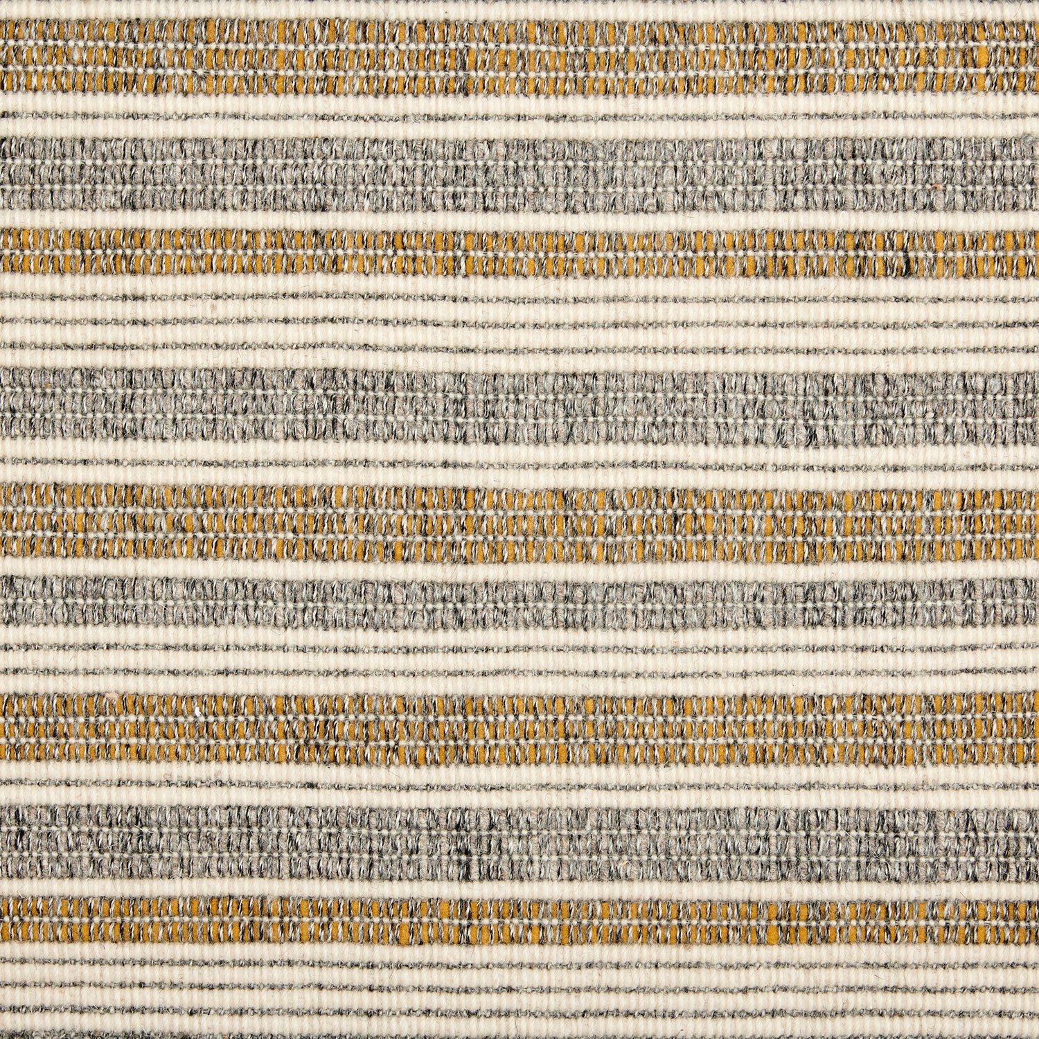 Wool broadloom carpet swatch in a ribbed stripe weave in gray, cream and tan.