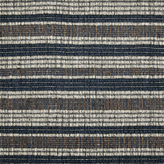 Wool broadloom carpet swatch in a ribbed stripe weave in cream, gray and navy.
