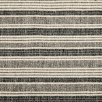 Wool broadloom carpet swatch in a ribbed stripe weave in cream, gray and charcoal.