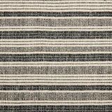 Wool broadloom carpet swatch in a ribbed stripe weave in cream, gray and charcoal.