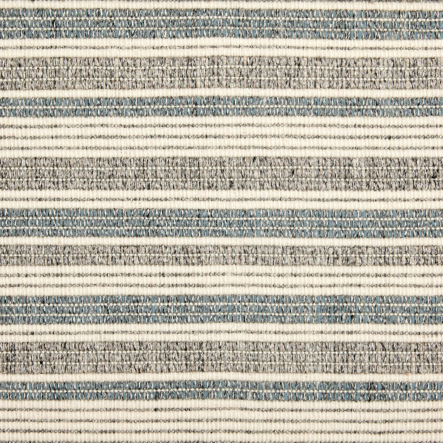 Wool broadloom carpet swatch in a ribbed stripe weave in gray, blue and cream.