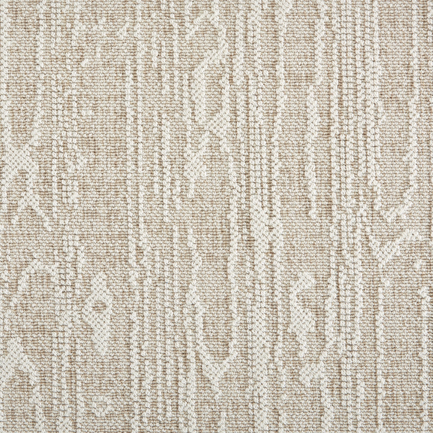 Wool-blend broadloom carpet swatch in a dimensional treetrunk weave pattern in cream and white.