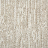 Wool-blend broadloom carpet swatch in a dimensional treetrunk weave pattern in cream and white.