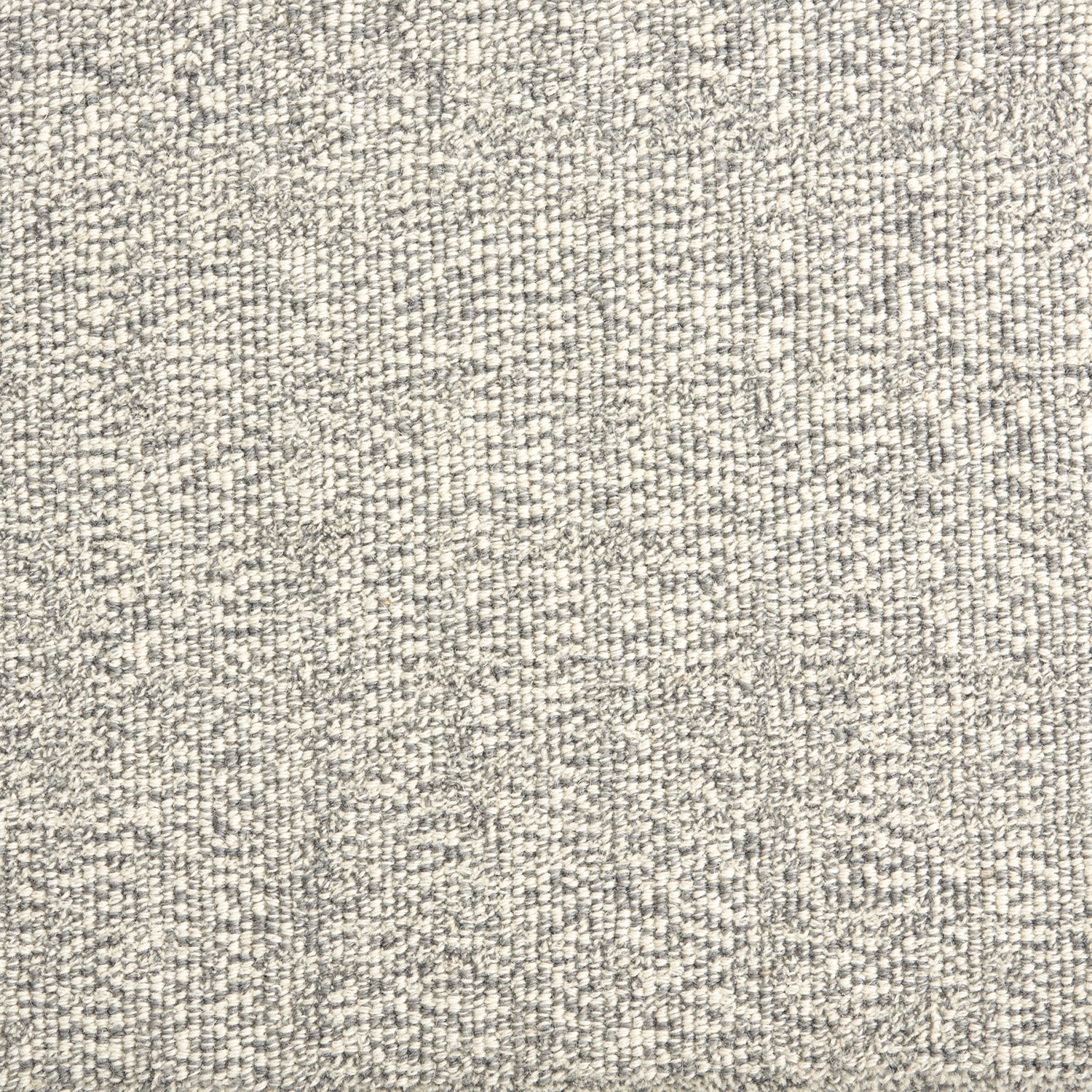 Wool broadloom carpet swatch in a textured weave in mottled cream and gray.