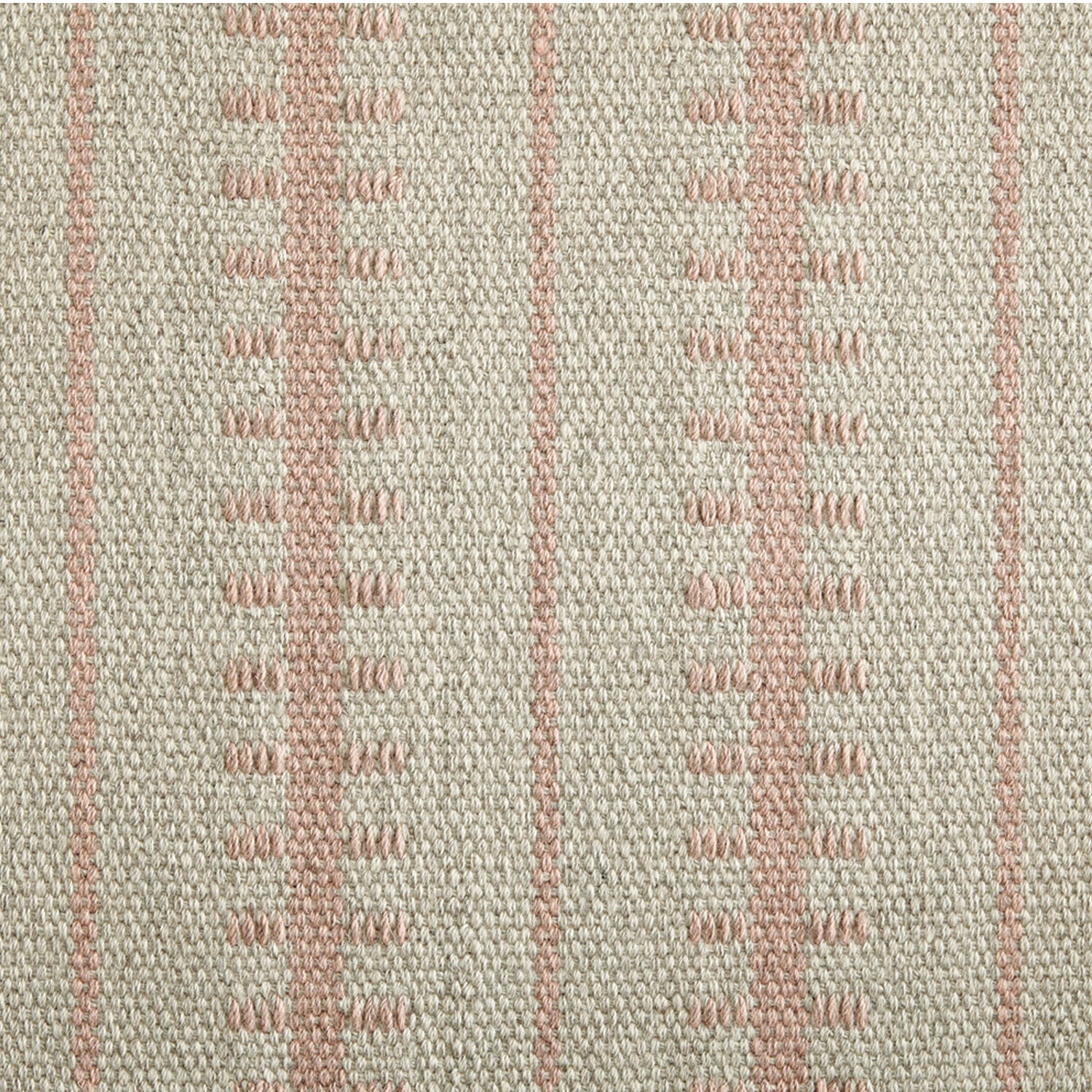 Wool broadloom carpet swatch in a ticked stripe weave in light pink and cream.