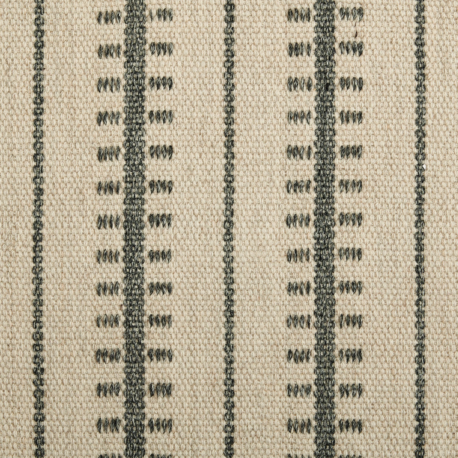 Wool broadloom carpet swatch in a ticked stripe weave in charcoal and cream.