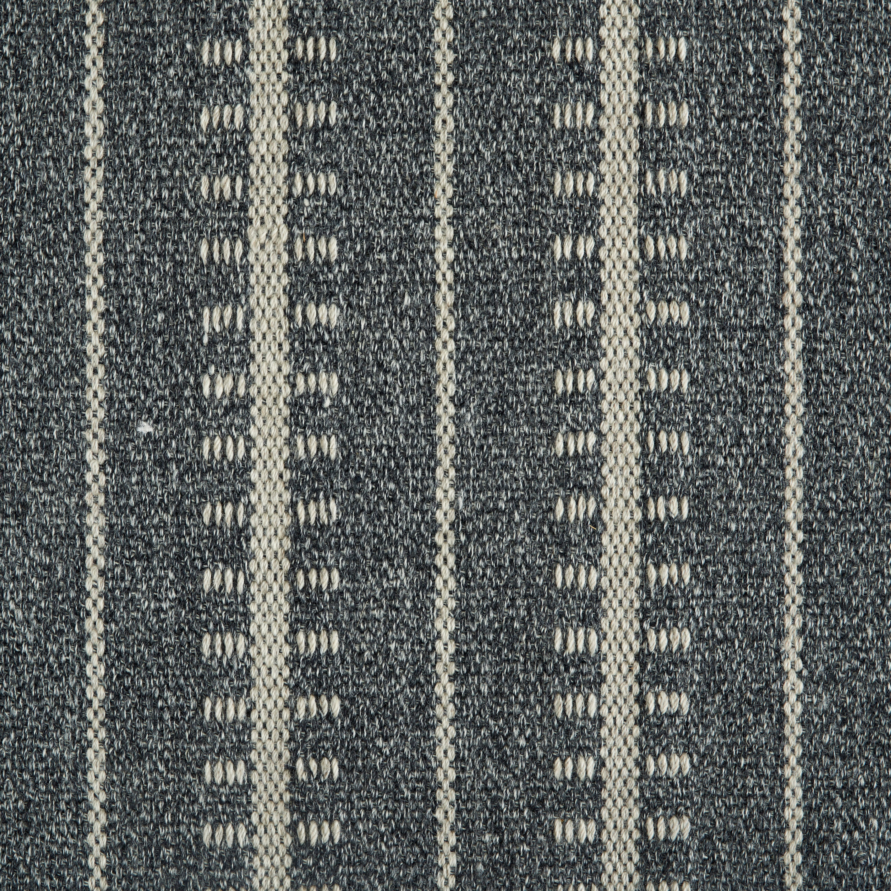 Wool broadloom carpet swatch in a ticked stripe weave in dark navy and cream.
