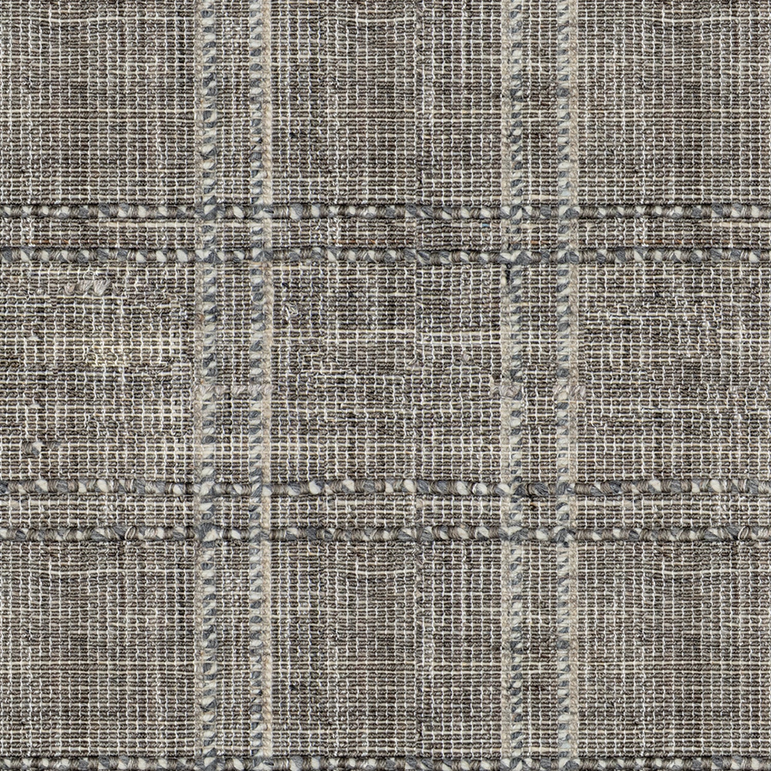 Wool-blend broadloom carpet swatch in a plaid tweed weave in silver and gray.