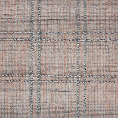Wool-blend broadloom carpet swatch in a plaid tweed weave in pink and silver.