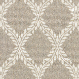 Wool broadloom carpet swatch in a leafy lattice print in white on a light tan field.