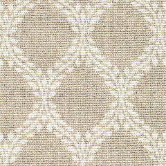 Wool broadloom carpet swatch in a leafy lattice print in white on a cream field.