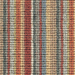 Wool broadloom carpet swatch in a high-pile stripe pattern in blue, gray, rust and red.