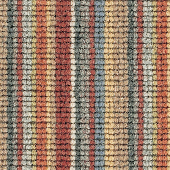 Wool broadloom carpet swatch in a high-pile stripe pattern in blue, gray, rust and red.