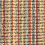 Wool broadloom carpet swatch in a high-pile stripe pattern in yellow, rust, green and blue.