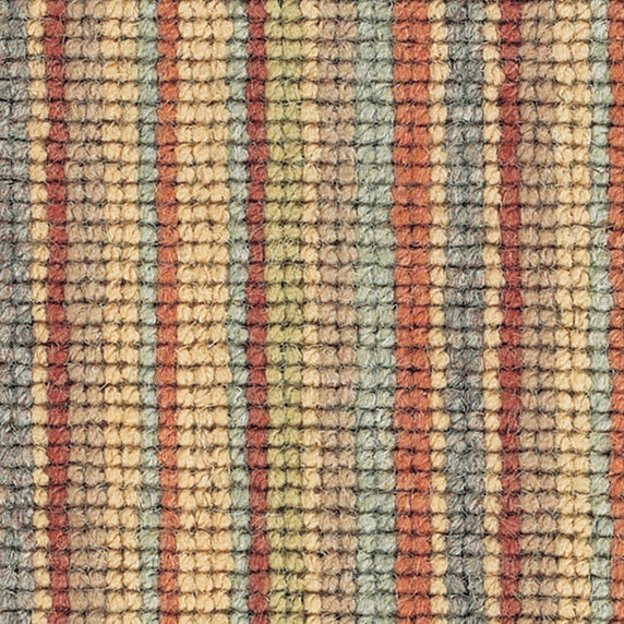 Wool broadloom carpet swatch in a high-pile stripe pattern in yellow, rust, green and blue.