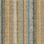 Wool broadloom carpet swatch in a high-pile stripe pattern in cream, brown, blue and green.