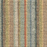 Wool broadloom carpet swatch in a high-pile stripe pattern in cream, brown, blue and green.