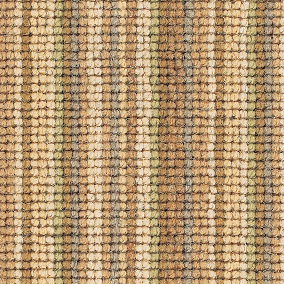 Wool broadloom carpet swatch in a high-pile stripe pattern in cream, tan, brown and green.