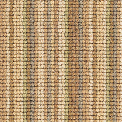 Wool broadloom carpet swatch in a high-pile stripe pattern in cream, tan, brown and green.