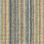 Wool broadloom carpet swatch in a high-pile stripe pattern in cream, brown, blue, green and yellow.