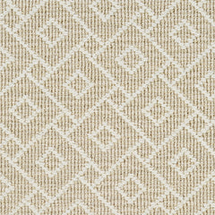 Wool broadloom carpet swatch in an interlocking geometric print in white and tan.