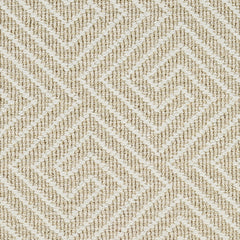Wool broadloom carpet swatch in a high-pile interlocking geometric pattern in white and tan.