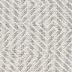 Wool broadloom carpet swatch in a high-pile interlocking geometric pattern in white and light brown.