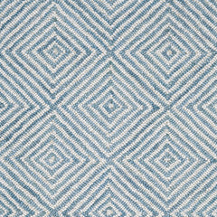 Wool broadloom carpet swatch in a dense repeating diamond print in light blue and white.