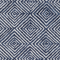 Wool broadloom carpet swatch in a dense repeating diamond print in shades of navy and white.