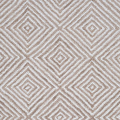 Wool broadloom carpet swatch in a dense repeating diamond print in shades of tan and cream.