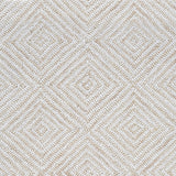 Wool broadloom carpet swatch in a dense repeating diamond print in shades of cream and white.